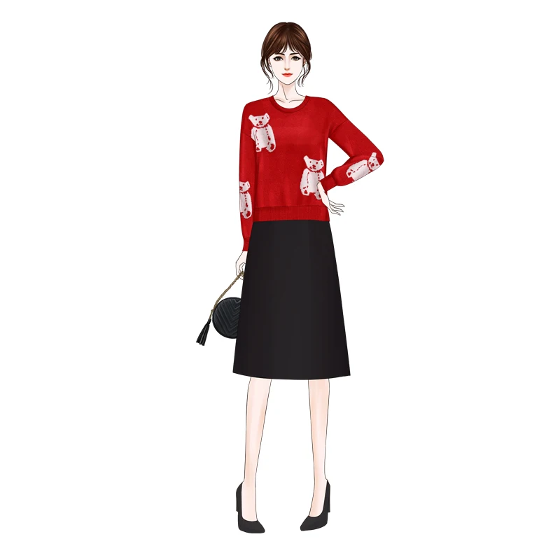 

New Winter Red Round Collar Loose Languid Lazy Bear Pullover Sweaters Joker Straight Black Skirts Two Pcs Leisure Suits