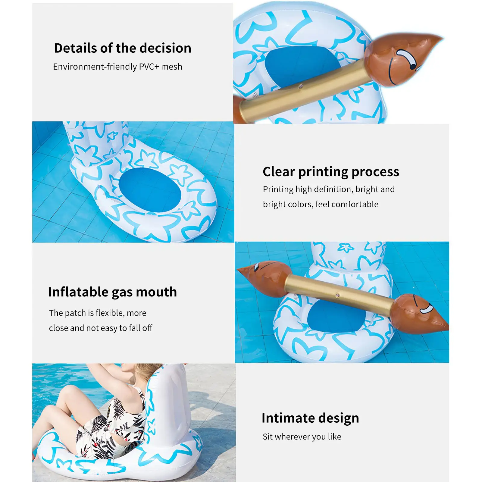 

4pcs PVC Sticks Toilet Shaped Inflatable Floating Row Backrest Air Mattresses Beach Swimming Pool Water Sports Lounger Chair Mat