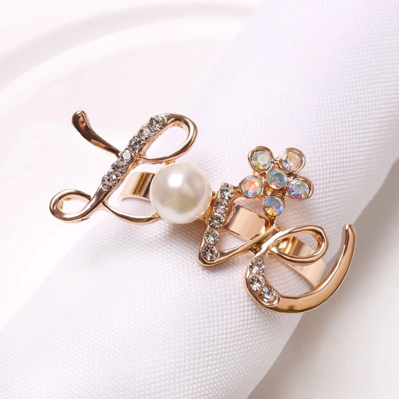 

Napkin Rings Set of 6, Love Pearl Rhinestone Napkin Ring Holder, Gold Napkin Ring for Wedding Dinner Party Table Decor