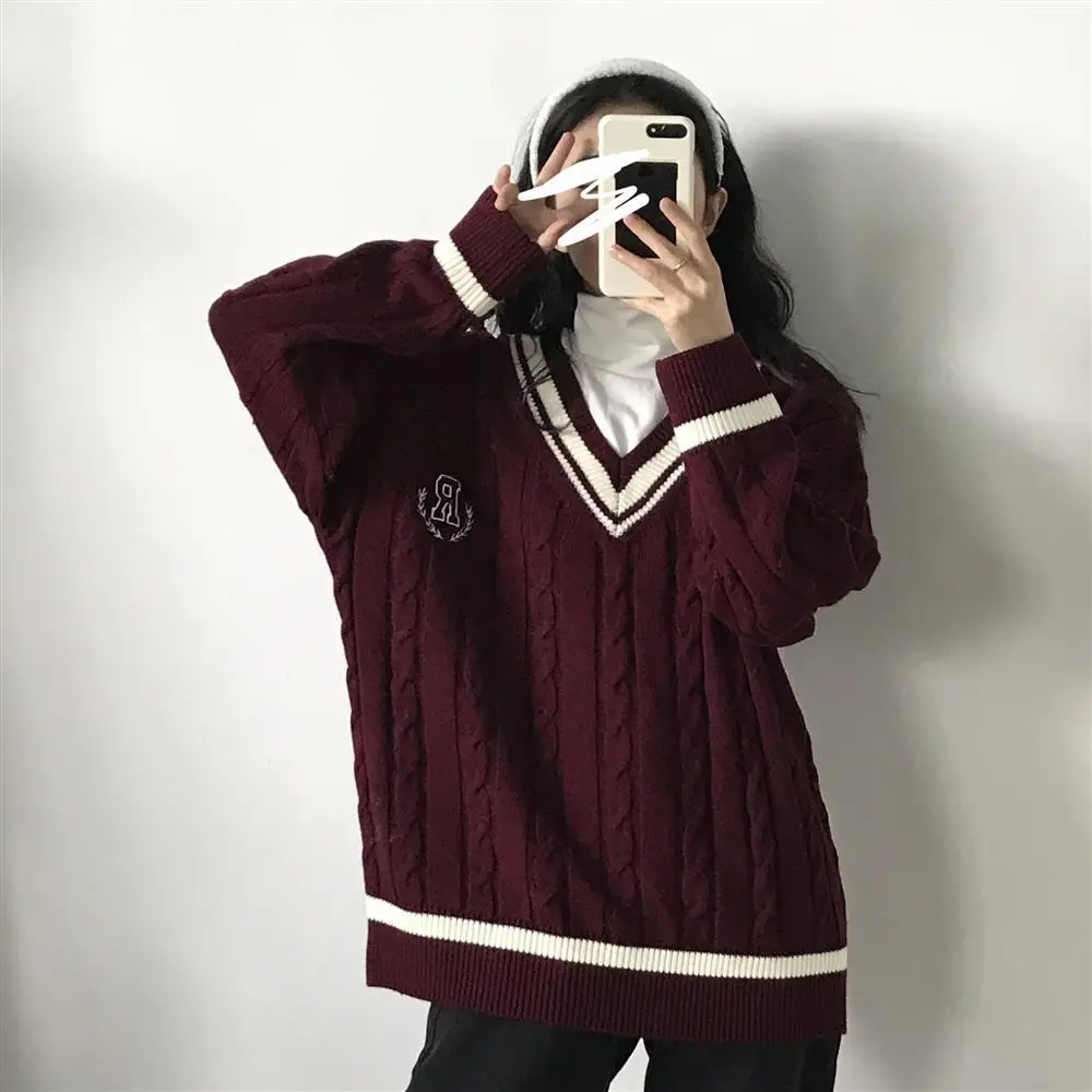 

Color matching twist V-Neck Sweater for female students autumn and winter new Pullover loose and versatile knitted jacket