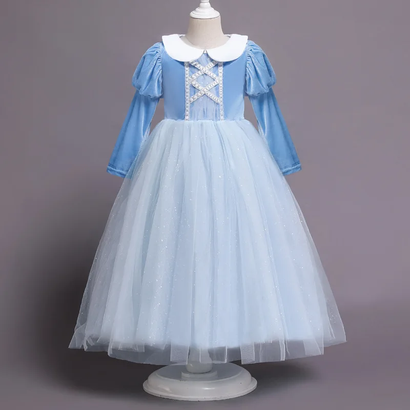 

2021 New Girls Long Sleeve Peter Pan Collar Blue Mesh Princess Dress Kids Elegant Party Prom Ball Gown Children Costume 1-7 Year