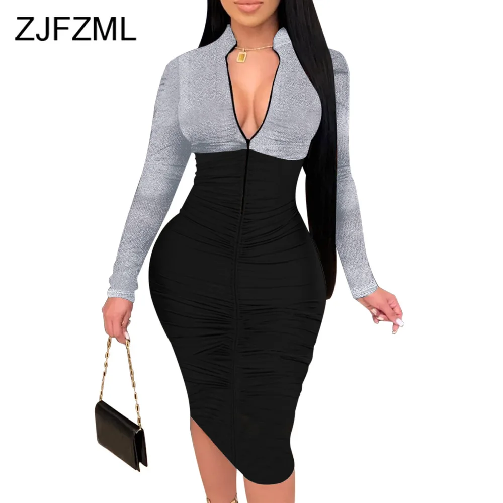 

Black Grey Color Block Sexy Pleated Midi Dress Women Fashion Deep V Neck Long Sleeve Skinny Dresses Autumn High Waist Vestidos