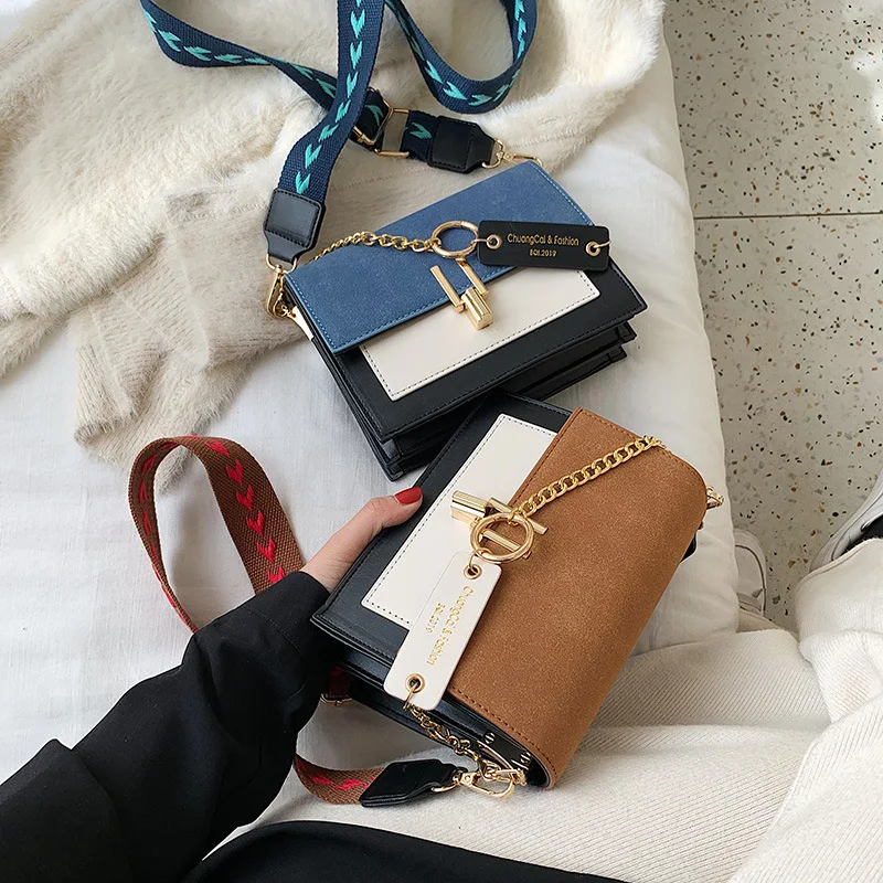 

Female 2019 New Contrast Color Crossbody Bag Fashion Scrub Shoulder Messenger Bag Female Chain Small Square Suede Women Handbag