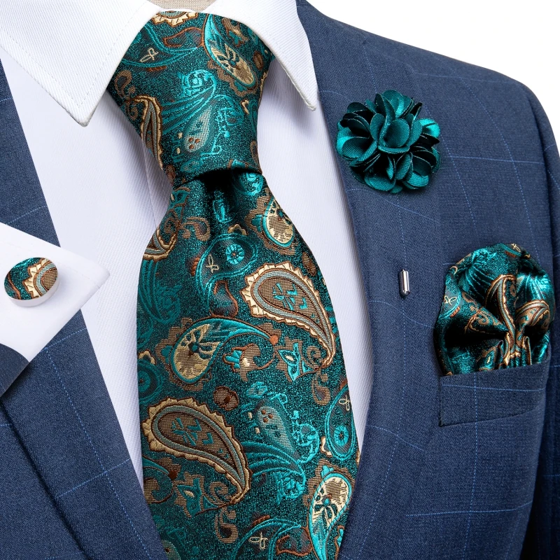 Галстуки мужские из 100% шелка, 8 см, бирюзовые, зеленые с пейсли галстуки для мужчин, деловые, свадебные галстуки, набор с квадратной брошью дл...