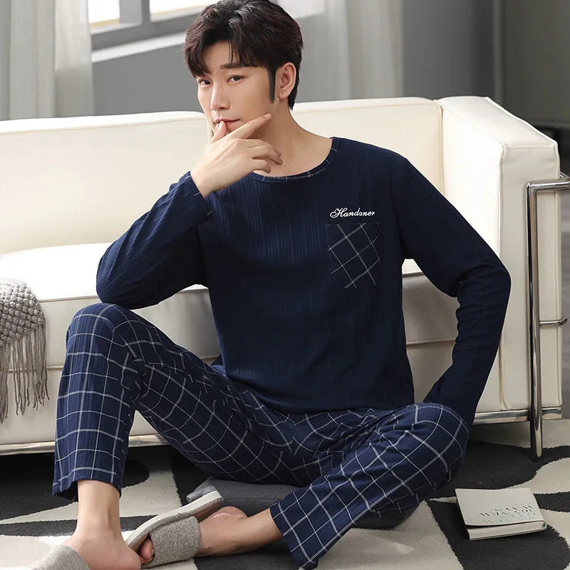 Autumn Winter Men Pajamas Set Cotton Print Sleepwear Night Suit Casual Long Sleeve Plaid Pants Pyjamas Plus Size Homewear 4XL