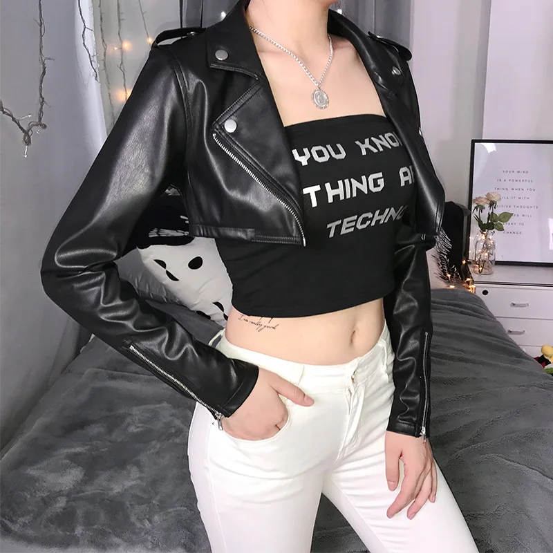 

Autumn Women's Faux Leather Cropped Jacket Long Sleeve Lapel Zip Up Irregular Short Moto Biker Coat