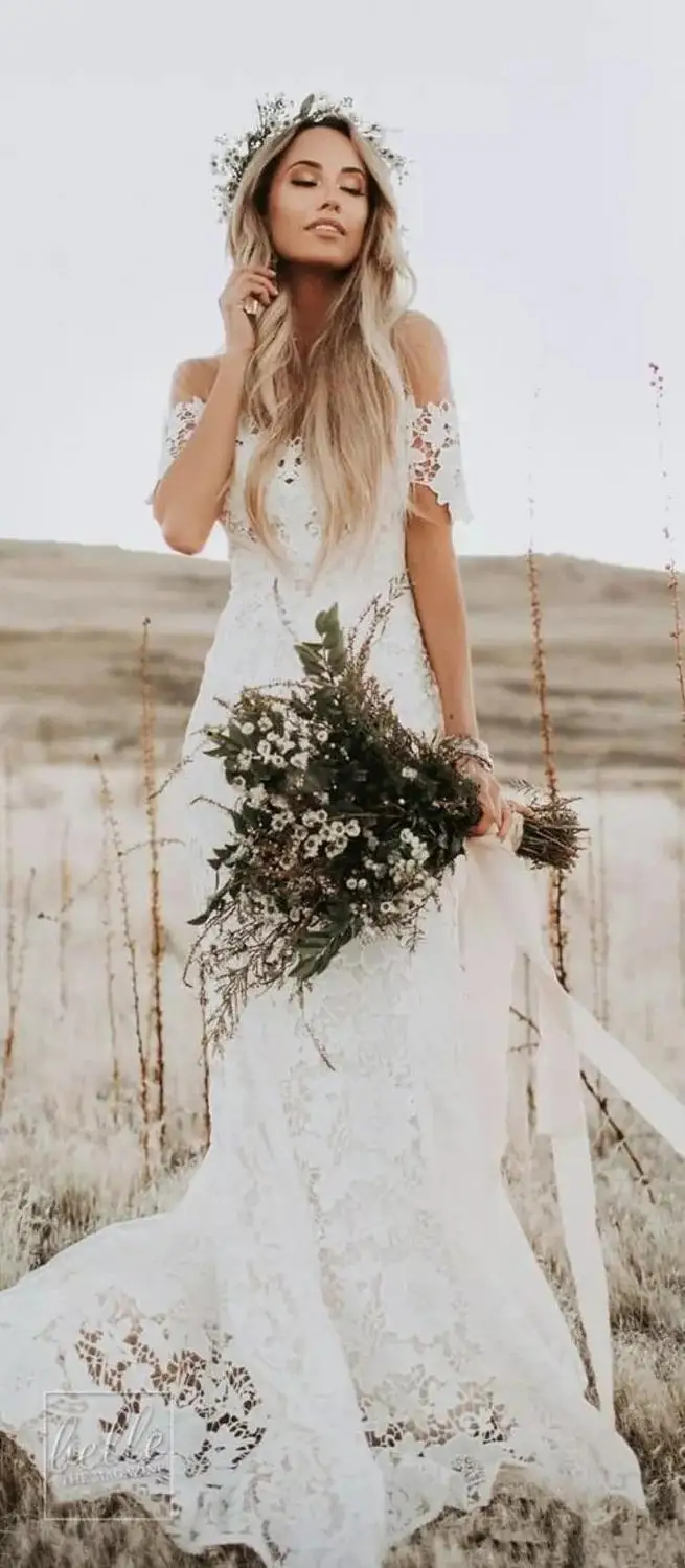 Elegant Boho Wedding Dresses 2019 Off The Shoulder Short Sleeves Mermaid Country Bridal Beach Gowns Sweep Train | Свадьбы и