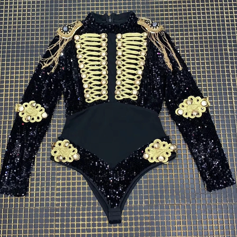 2019 New Fashion Black With Gold Patchwork Sequin Bodysuit Luxury Beads Tassel Bodycon Women Club Bodysuits Wholesale Dropship