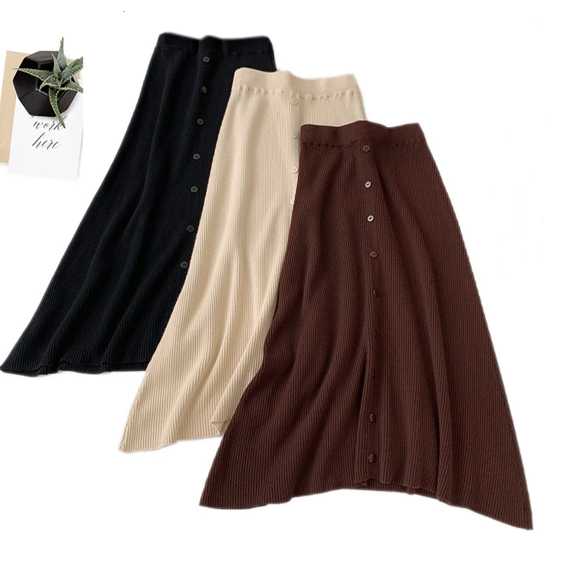 2019 New Herf Winter Fat Warm Used Smoking Korean Button A Line Smoke Simple Stylish Choked Midi Rok Jupe Femme |