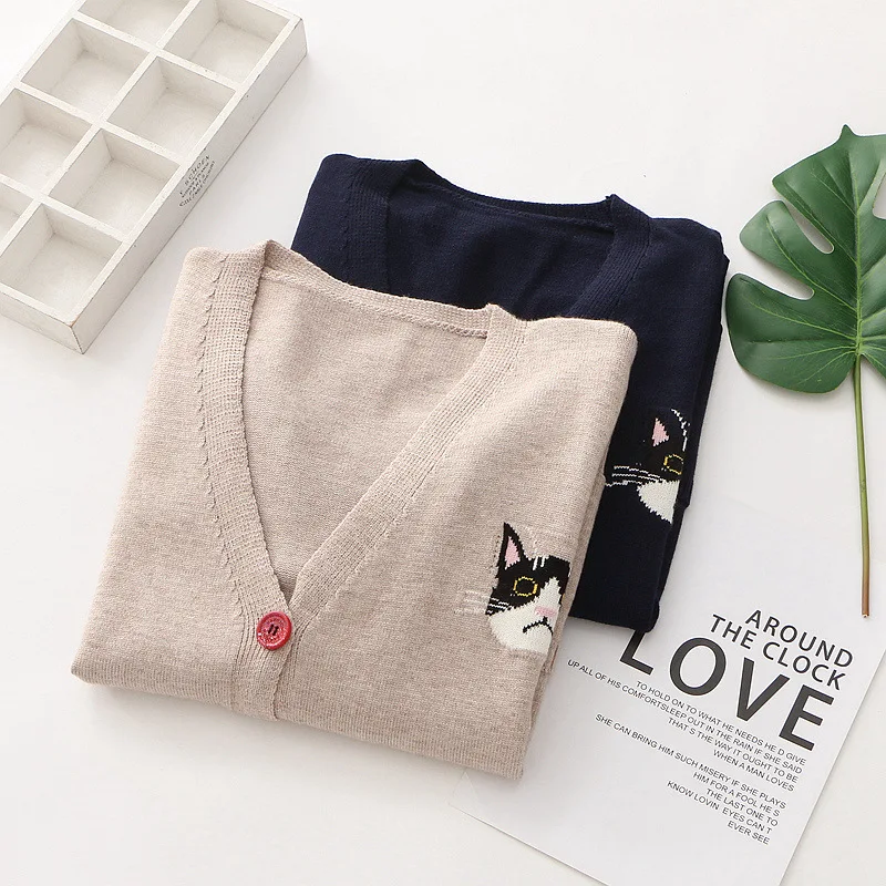 Женский свитер в Корейском стиле осенне-зимний Кардиган преппи с вышивкой кошки