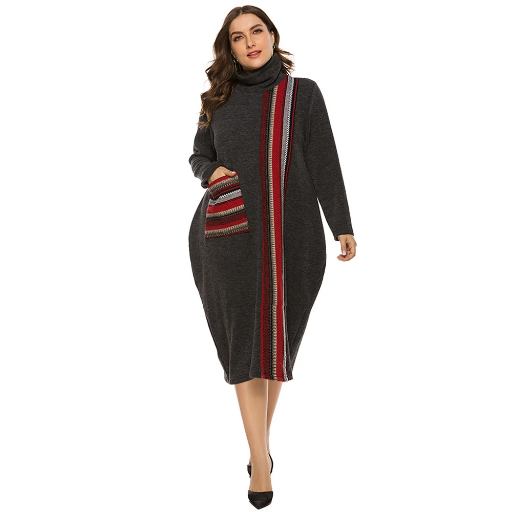 

Popular Autumn High Collar Stripe Pocket Loose and Thin Versatile Large Dress High Street Printed Fashion Gray Cotton Dress