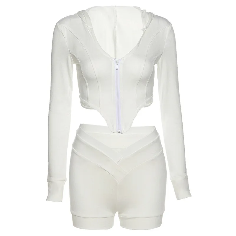 

2021 new women's irregular long-sleeved cardigan hooded top casual shorts suit