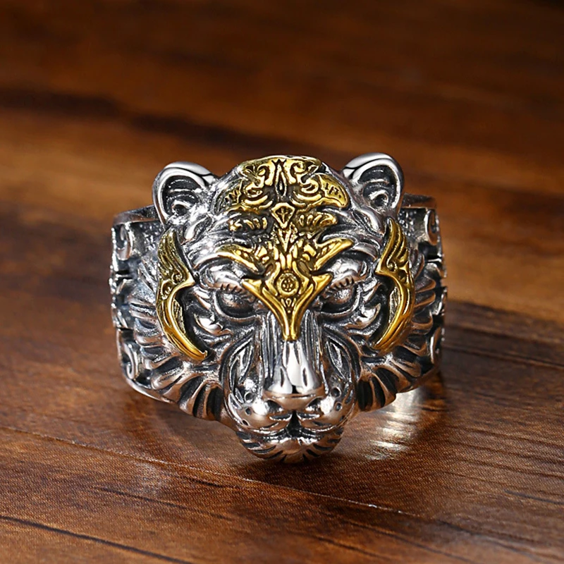 

New Vintage Tow Tone Plated Domineering Tiger Open Rings For Men Retro Fashion Jewelry Party Gift Creative Animal Finger Ring
