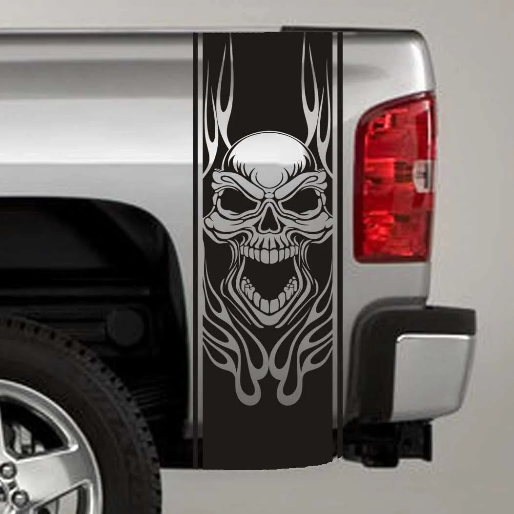 

For x2 Truck Bed Stripe Decal - Tribal Skull & Flames Universal Fit Orange Sticker