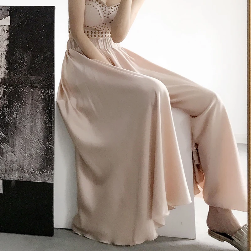 Женские атласные расклешенные брюки макси повседневные широкие с высокой талией