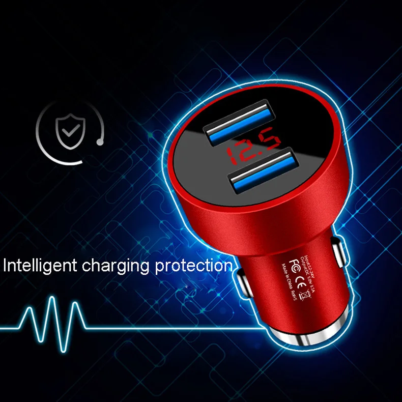 Универсальное автомобильное зарядное устройство с двумя USB, быстрая зарядка 3.1A(макс.), цифровой светодиодный дисплей напряжения тока, Автоматическая быстрая зарядка для телефона, планшета