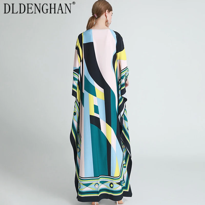 

DLDENGHAN Fashion Geometry Print Floor-Length Dress Batwing Sleeve O-Neck Loose Maxi Dresses Designer Autumn New