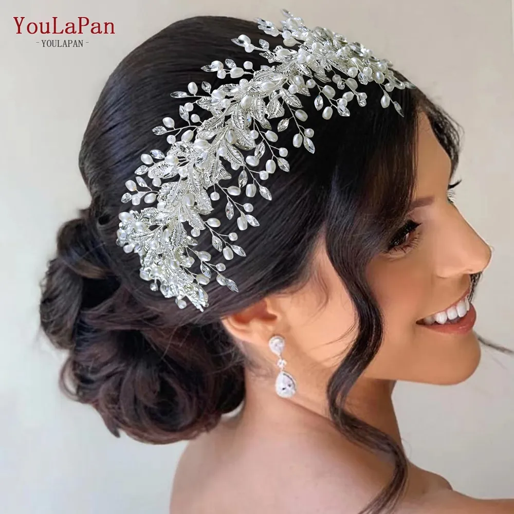 YouLaPan HP322 Handgemachte Perle Haar Hoop Braut Elegante Legierung Blatt Haarbänder Braut Strass Haar Tiara Hochzeit Haar Zubehör