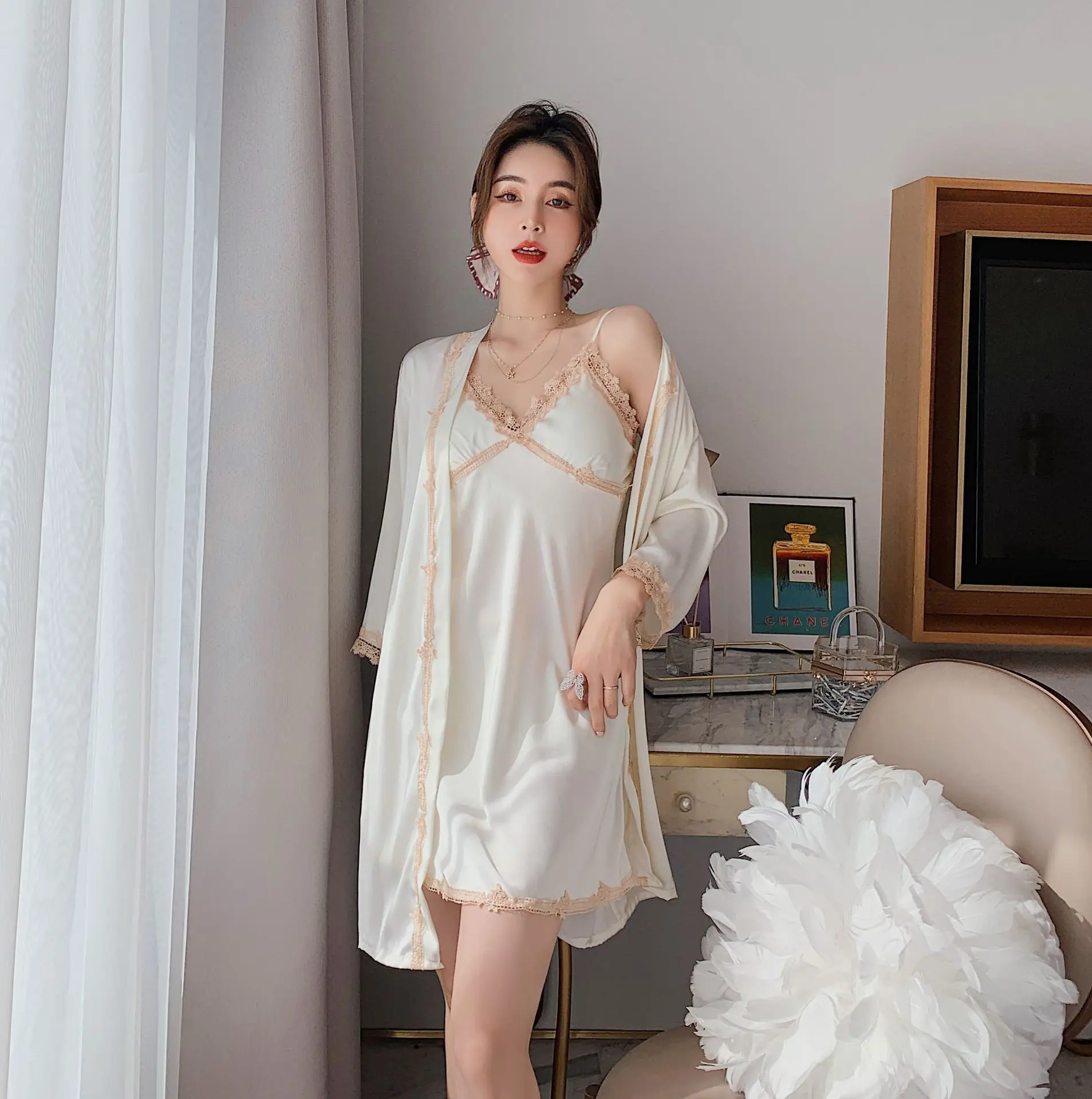 

Kimono Robe Set Lace Women Sexy Bathrobe Gown Nightwear Summer NEW Casual Intimate Lingerie Negligee Satin Loose Sexy Nightwear