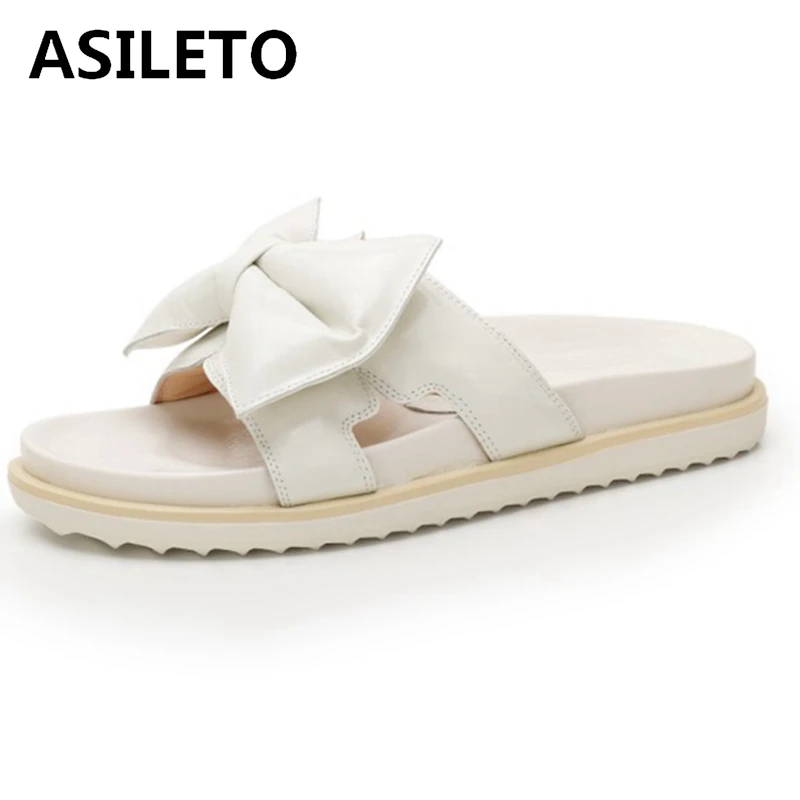 

ASILETO 2021 Comfort Plus Cute Ladies Slippers Bowtie Genuine Leather Open Toe Slingbacks 2.5cm Size 34-40 White Yellow A4218