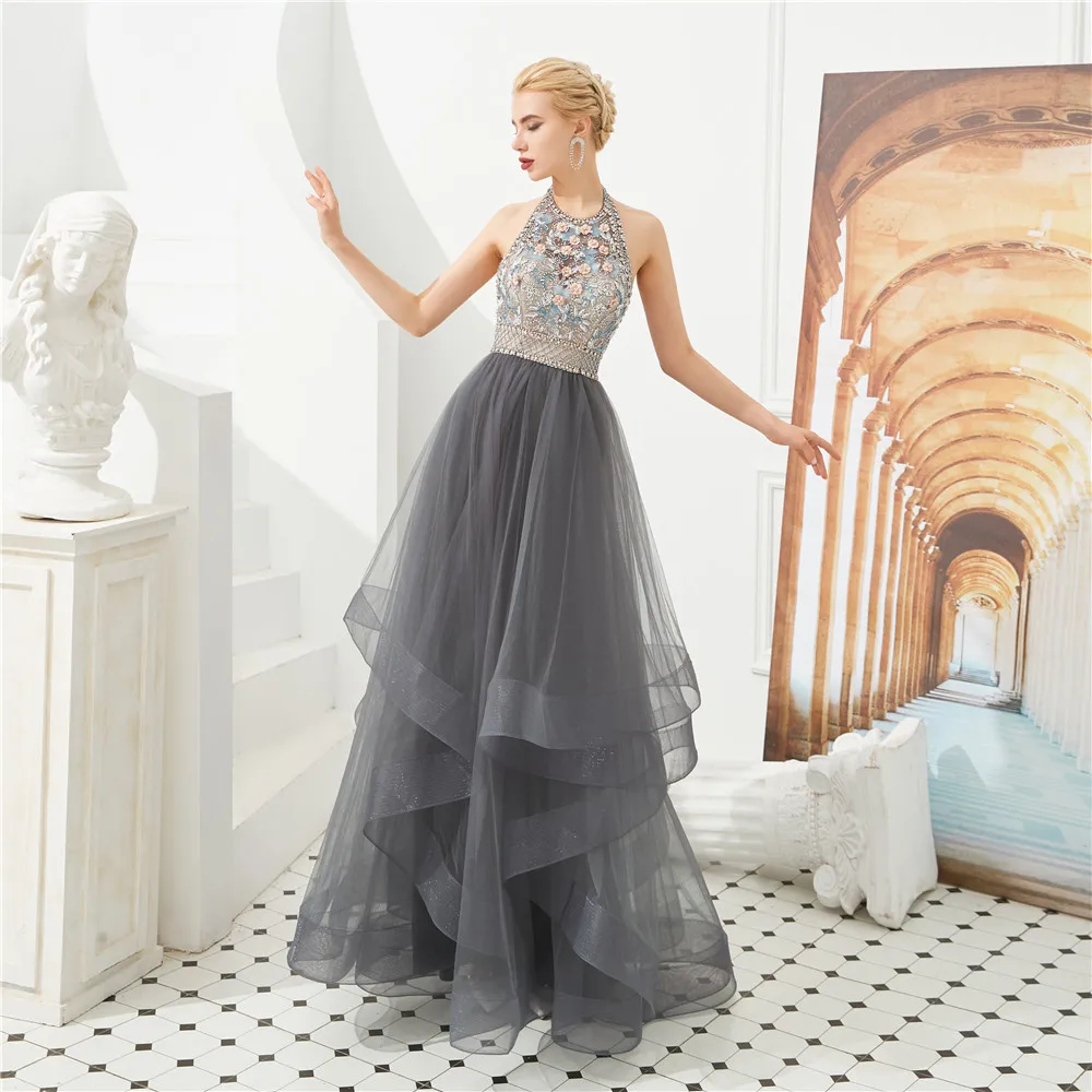 Delicate Beaded Flowers Prom Gowns Sexy Halter A-line Floor Length Plus size Long Party Prom Dresses vestidos de gala