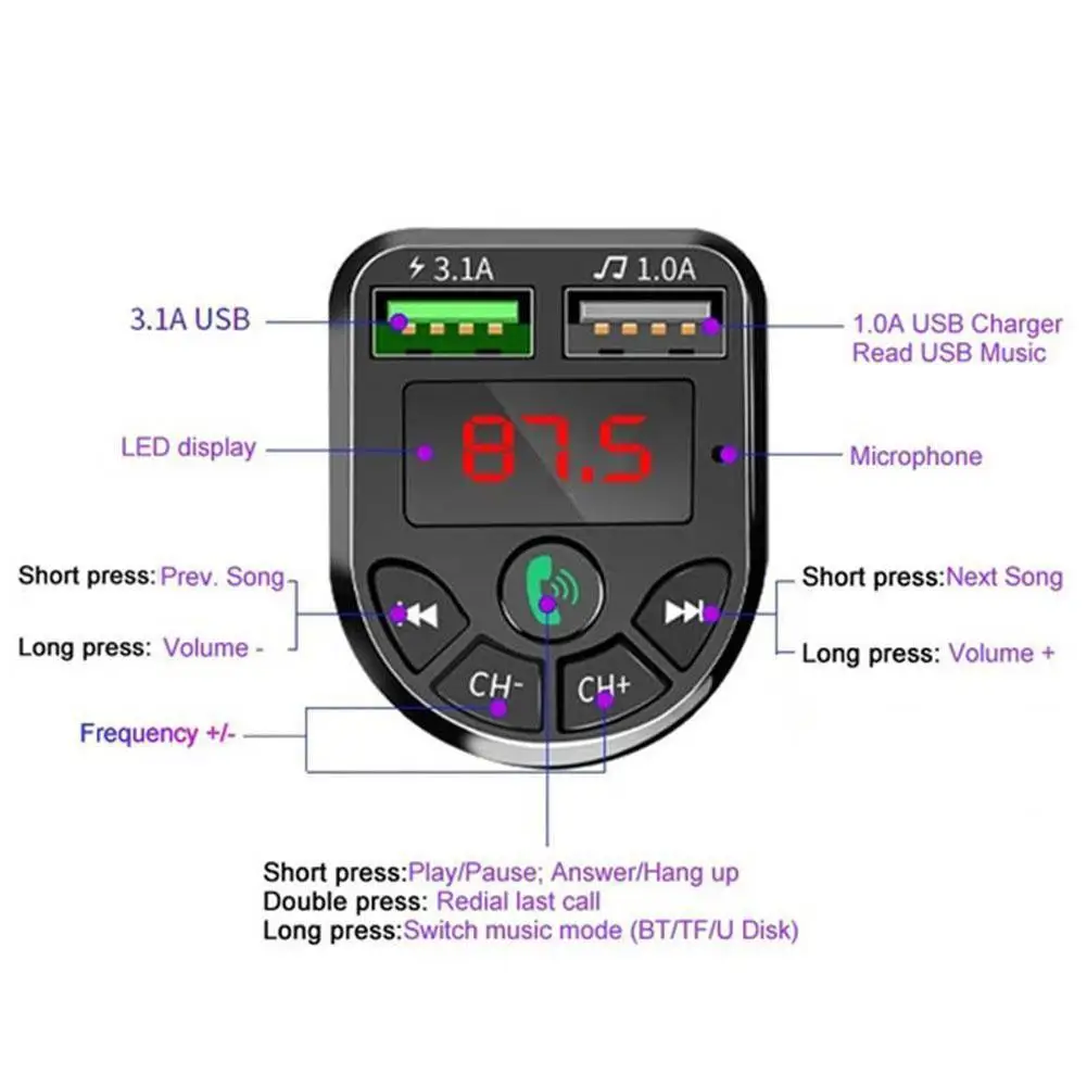 FM-трансмиттер Автомобильный Универсальный с поддержкой Bluetooth 5 0 и 2 USB-портами |