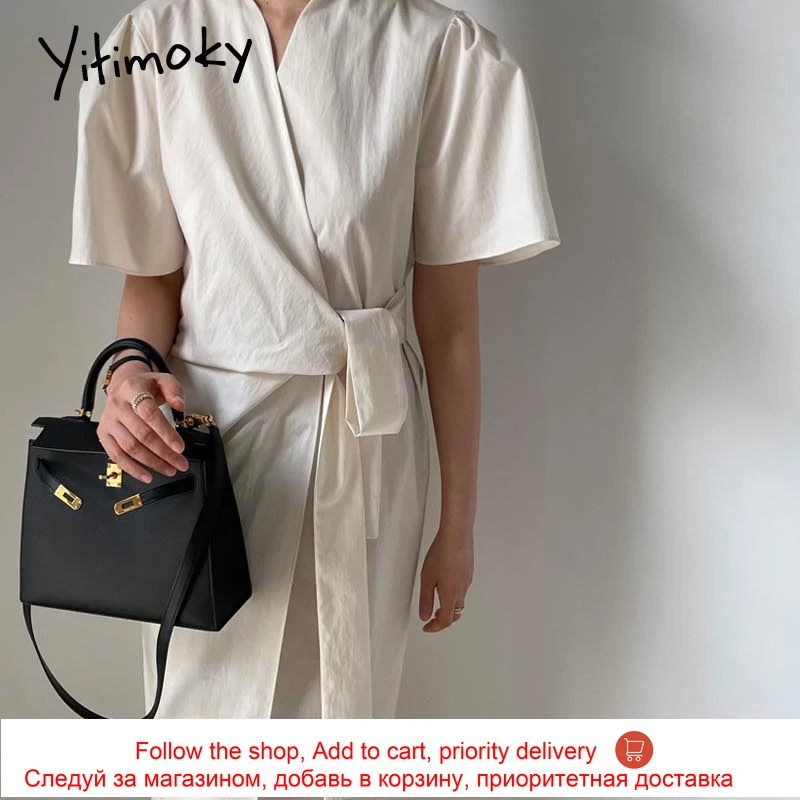 

Yitimoky Vintage Woman Dress Lace Up V-Neck Flare Sleeve 2021 Summer Fashion Korean New Elegant Hing Waist Casual Solid Dresses
