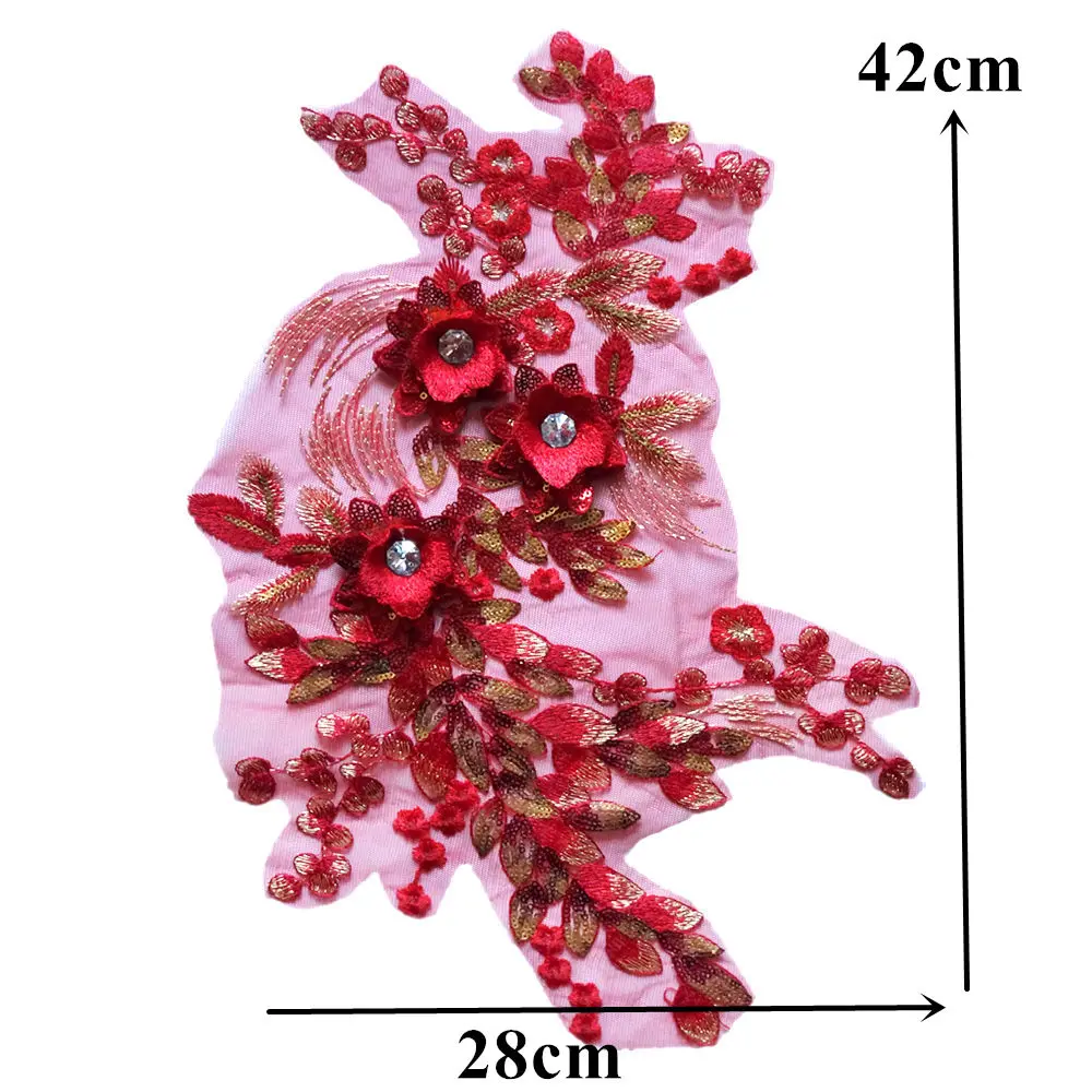 Красная кружевная ткань с 3D цветами вышитая золотыми блестками аппликация для