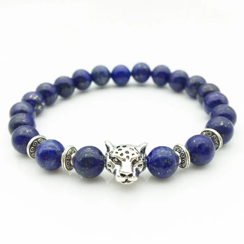 FYJS уникальное серебро голова леопарда Conect 8 мм круглые бусины лазурит эластичный