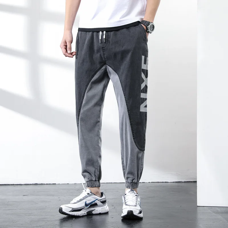 

2021 summer new casual nine-point pants mid-waist washed spot micro-elastic cotton gray youth thin men's trousers