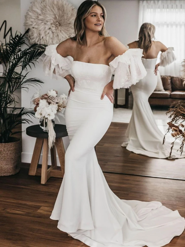 

Modern Casual Wedding Dresses Removable Short Sleeves Lace Spandex Mermaid Bridal Gowns Strapless Layered Vestido De Noiva