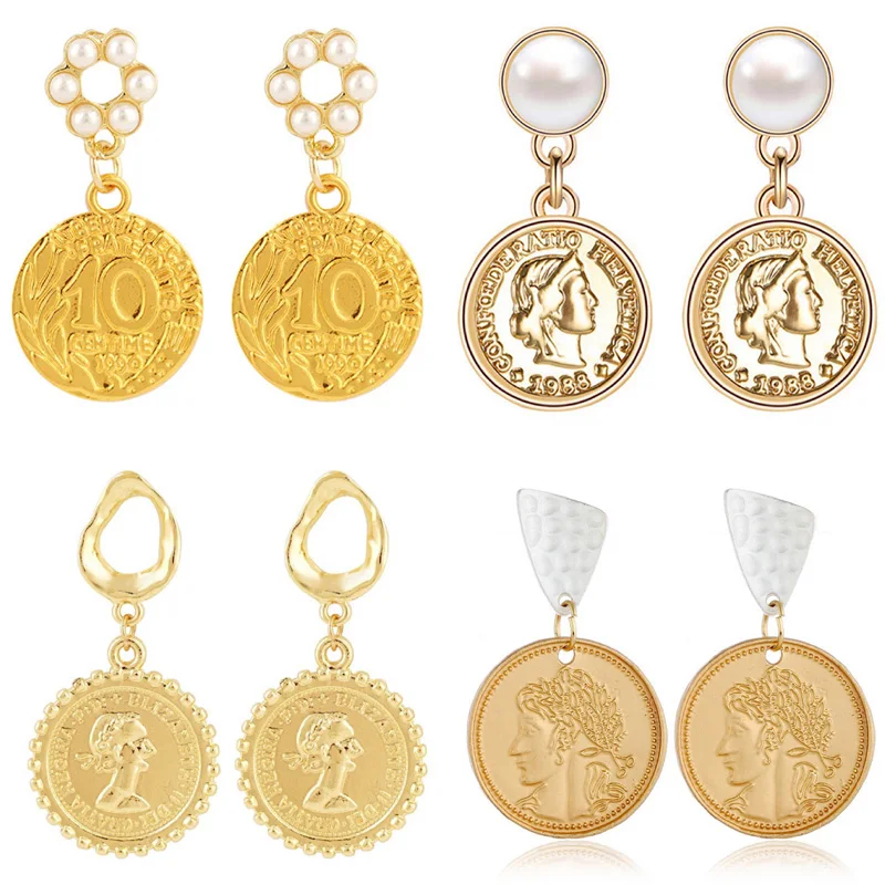 

1pair Vintage Alloy Imitation Coin Shape Earrings Creative Design Ear Stud Punk Gold Women Girl Jewelry Gift E004