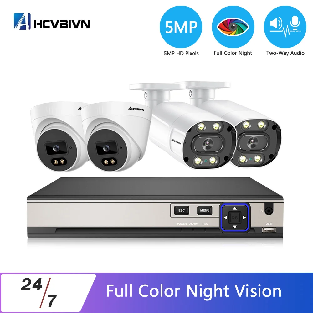 

5MP NVR Kit 4CH POE Camera System Two-way Audio Color Night Vision IP Camera Outdoor CCTV Security Video Surveillance System Set
