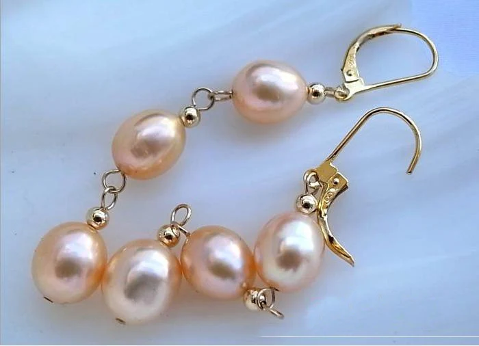 

Unique Pearl Earrings 11mm Big Size Pink Rice Freshwater Cultured Pearl Dangle Earrings 14k Gold Plated New Fashion Jewelry