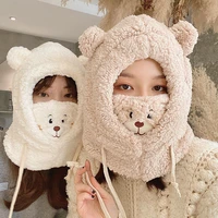 woolen winter hat beanies womens hats scarf thicked warm cute bear cartoon cap with mask ladies protection caps
