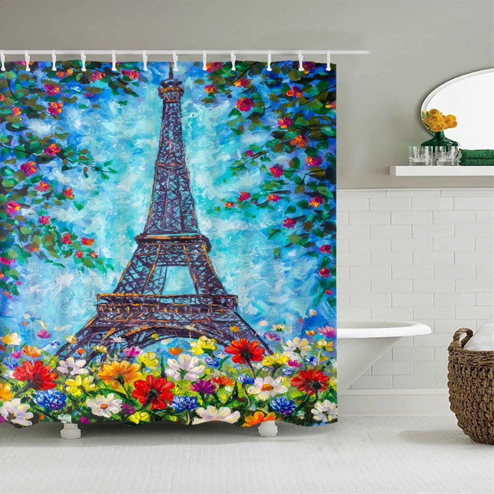 

Oil Painting Paris Tower Pattern Printing 180x180cm Shower Curtains Waterproof Polyester Fabric Bathroom Curtain With Hooks