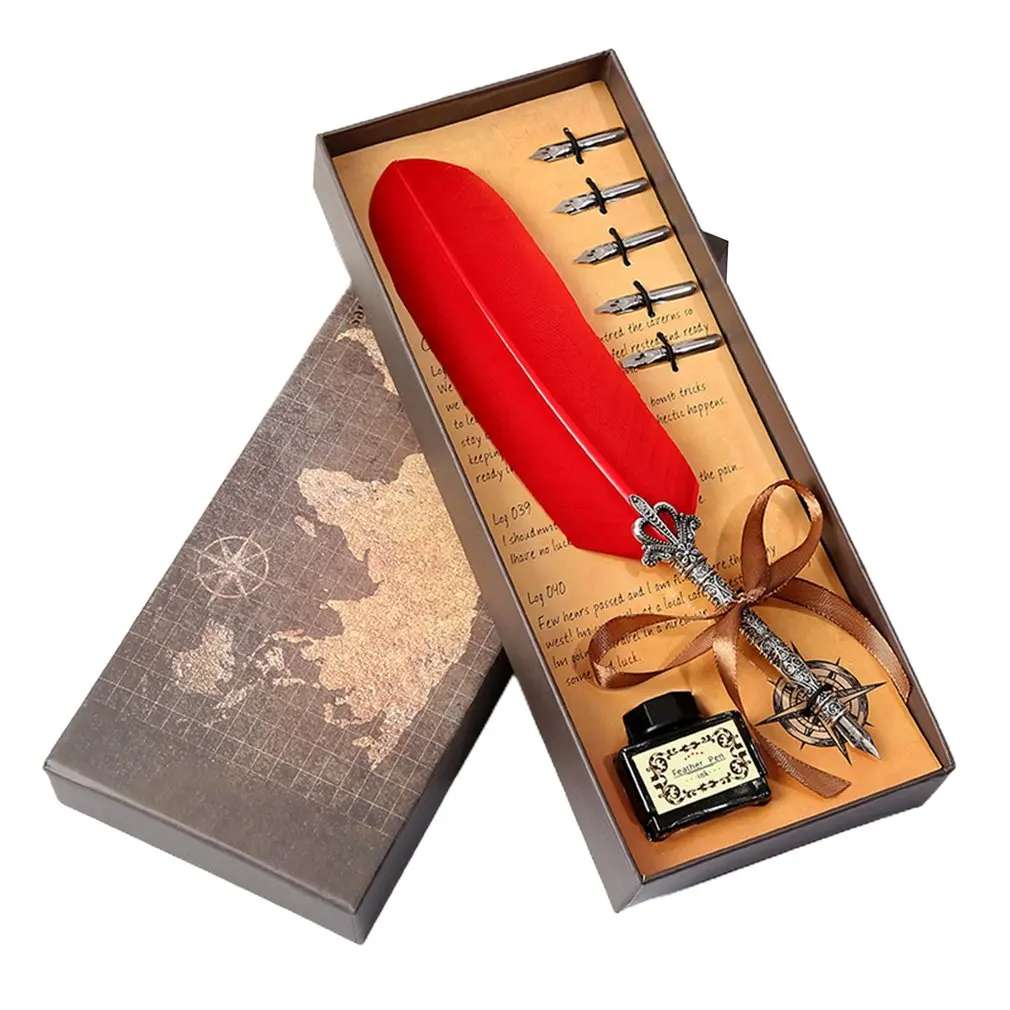

1Set Retro Vintage Calligraphy Feather Dip Pen Writing Ink Set Stationery Quill Fountain Pens Creative Vintage Pen