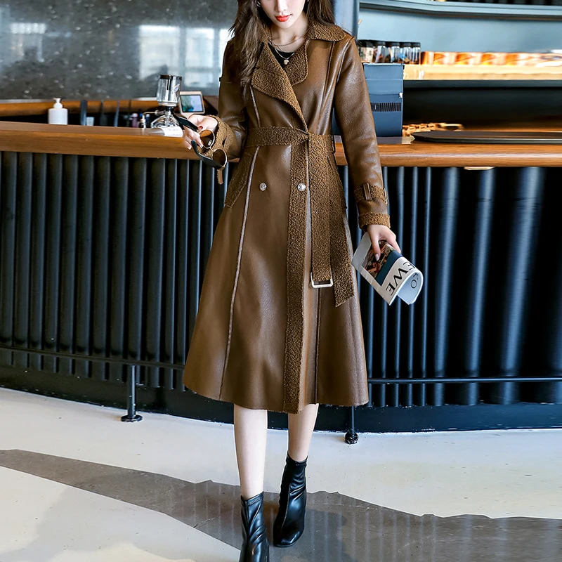 

Женское длинное пальто из искусственной кожи, зимнее пальто большого размера с мехом, 2021