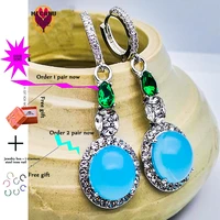 earrings long dangle crystal chain geometric rhinestone pendant blue green round earring for women korean accessories tak%c4%b12020