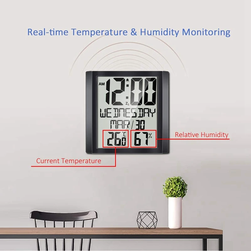 

Digital Wall Clock with Temperature & Humidity 8.6 inch Large Display Time/Date/Week Alarm Clock for Home Office