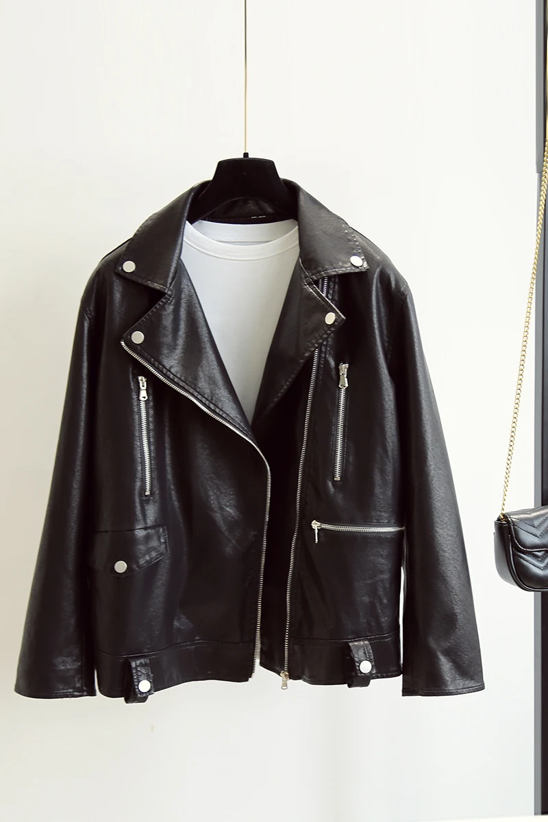 

FMFSSOM Spring Autumn Zipper BF Pocket Loose Design Turn-Down Collar MotoBike Women Lady Pu Leather Jacket