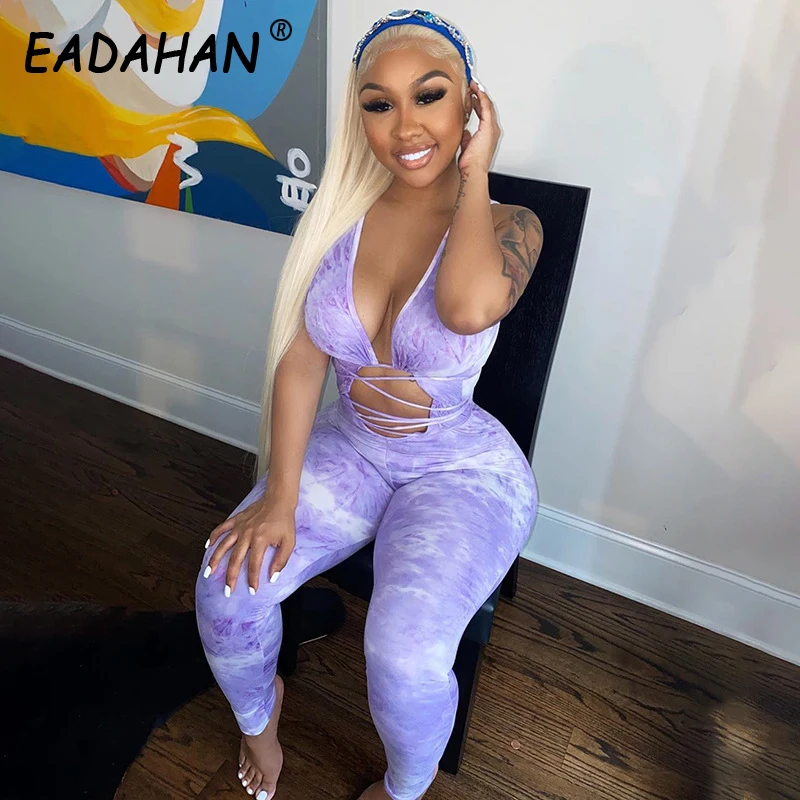 

EADAHAN 2021 summer new style jumpsuit tie-dye sling umbilical exposed one-piece trousers straps wrapped Hollow out jumpsuit