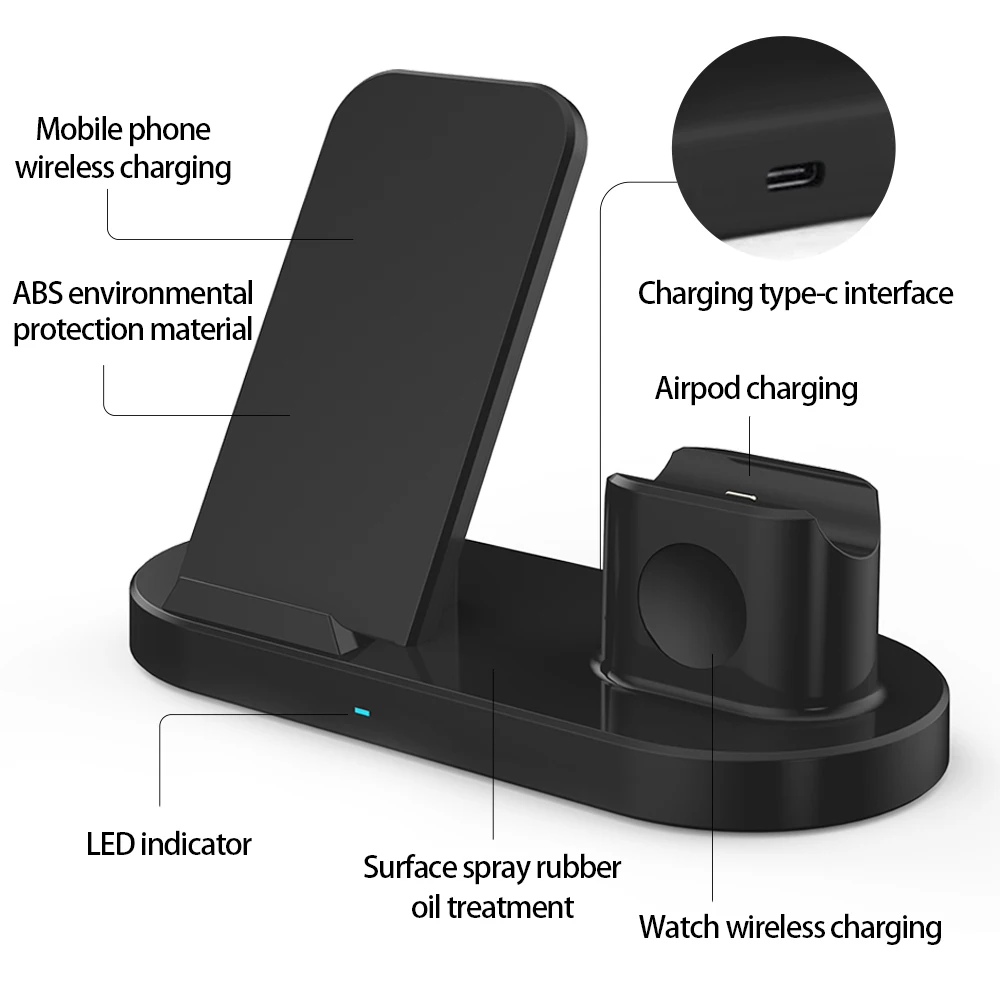 Base de carga inal&aacute;mbrica 3 en 1 para iPhone 13, 12, 11 Pro Max, Airpods, iWatch, estaci&oacute;n de carga r&aacute;pida para Samsung S21, S20, Ultra, Huawei-2