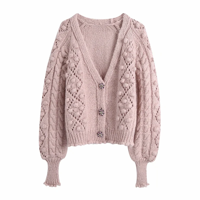 

PUWD Casual Woman Loose Furry Ball Crochet Cardigan 2021 Sping Fashion Ladies Hollow Out Knitwear Girls Sweet Oversized Coats