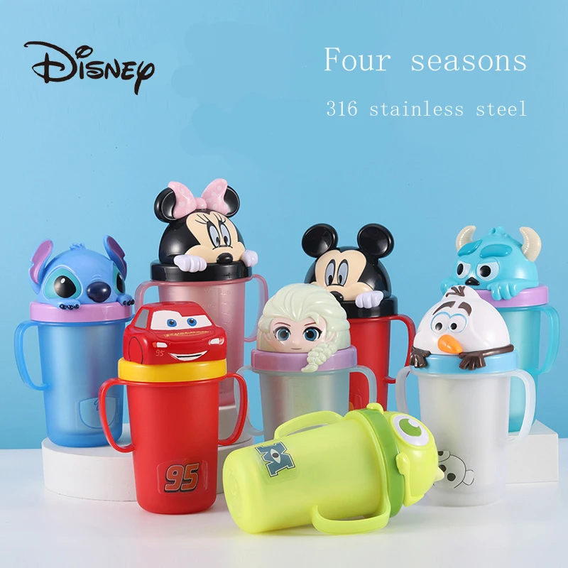 Disney Princess Cups Kids Frozen Elsa Mickey Mouse Sippy Cup Cartoon McQueen Stitch Monsters Mr.Q Cute Water Bottle Metal 316