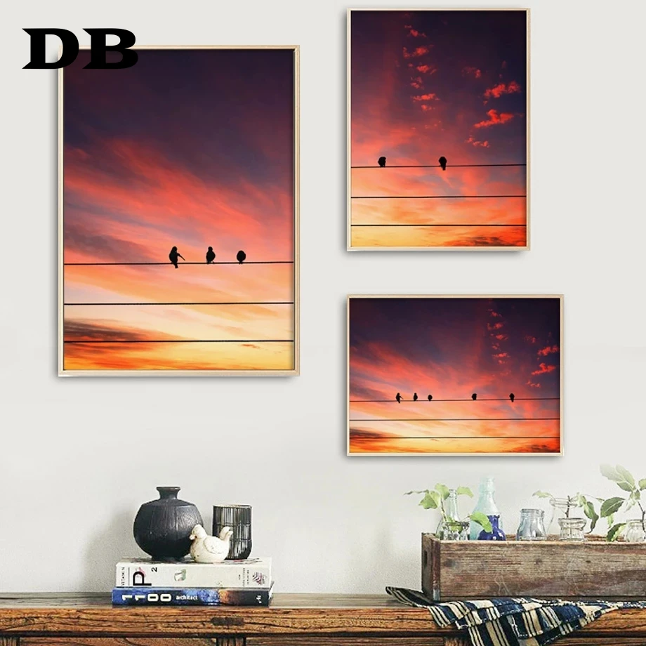 

Minimalist Natural Wire Bird Sunset Wall Art Canvas Painting Nordic Posters And Prints Wall Pictures For Living Room Decoration