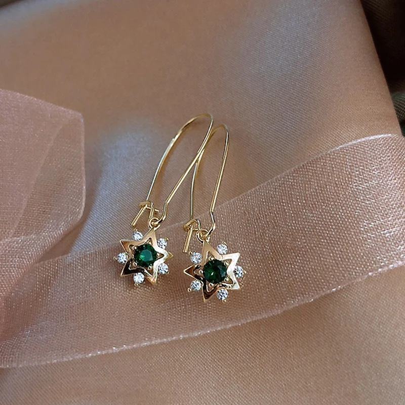 Серьги подвески с зелеными цирконами и звездами для женщин 2019 Изысканные Золотые