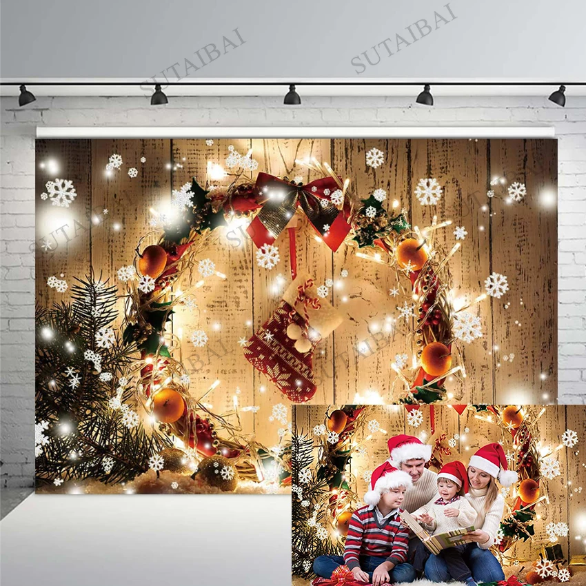 

Photographic Background Christmas Lights Vintage Wooden Board Backdrop Snowflake Wreath Sock Xmas Party Baby Portrait Photoshoot