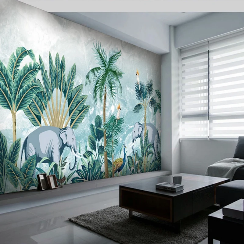 

Marbled Mural Wallpaper 3d Nordic Hand-painted Tropical Forest Plant Elephant Wallpapers Home Decoration