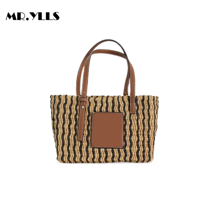 

Hand Woven Summer Straw Shoulder Bags for women Luxury Designer Female Top Handle Bag Striped Splice Women`s Handbags Crochet